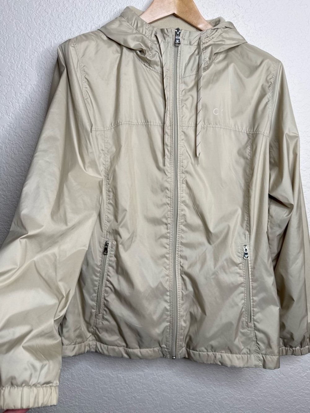 Calvin Klein Hooded Windbreaker Jacket Khaki Tan Women's L Fleece Lined